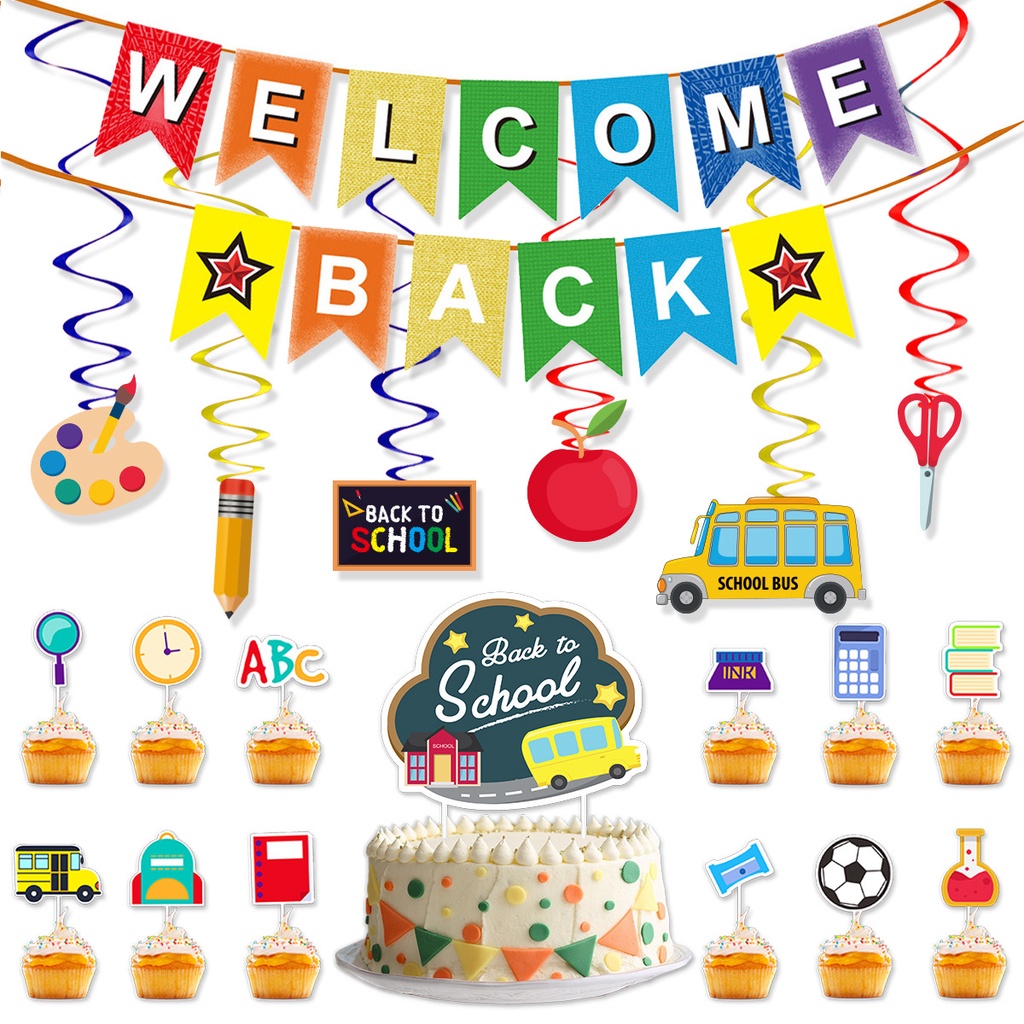 【快速出貨】✈️ 2023學校開學教室派對布置Welcome back拉旗蘋果拉花套裝 派對佈置 派對裝飾品