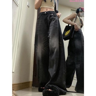超大尺碼~寬褲復古水洗黑色牛仔褲女夏季高腰顯瘦闊腿褲氣質垂感高街vibe拖地褲彈力拖地褲 闊腿褲 長褲 寬褲女