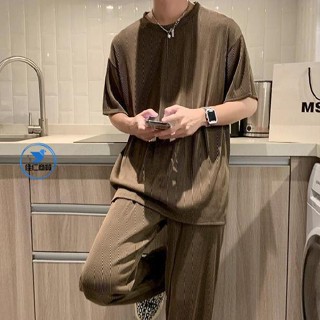 💯臺灣熱賣💯時尚夏季冰絲短袖長褲套裝男寬鬆大尺碼涼感高檔兩件套中青年運動一套潮