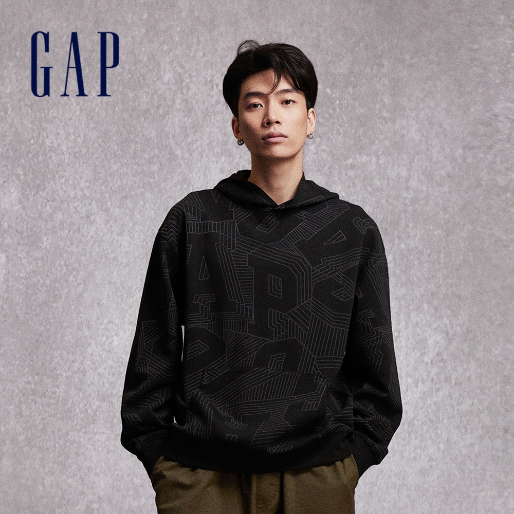 Gap 男裝 Logo印花帽T 空氣三明治系列-黑色(760371)