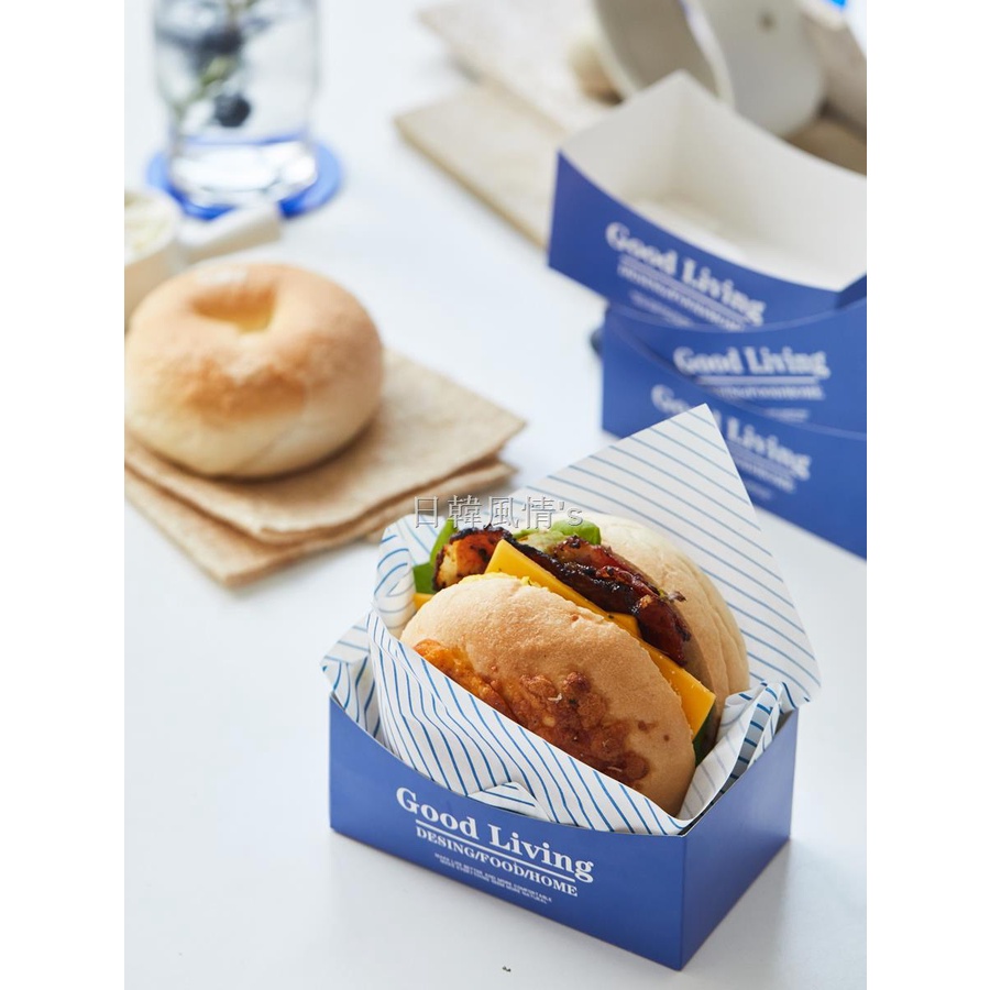 烘焙包裝 韓國同款包裝盒三明治滑蛋厚蛋燒吐司紙托漢堡早餐手拿藍色紙盒