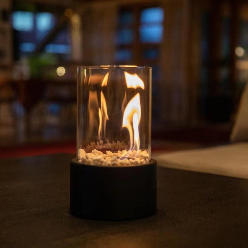 桌面火爐壁爐燈仿真火焰燈小型便攜式取暖火爐圓形玻璃酒吧氛圍燈
