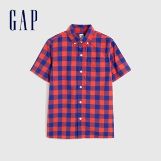 Gap 男童裝 純棉格紋翻領短袖襯衫-紅藍格子(671079)