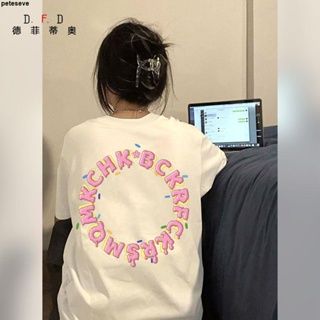 T賉👍台灣出貨🚚夏季100%純棉上衣女高學生設計感短袖日系米色T恤字母甜甜圈圖案