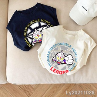 Ary 100%純棉兒童可愛寶寶奧特曼無袖上衣 2023中小男童超人T恤背心夏 兒童男女背心 網眼透氣背心 無袖上衣 男