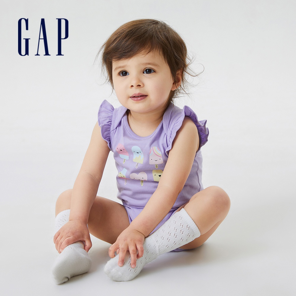 Gap 嬰兒裝 純棉印花小飛袖無袖包屁衣 布萊納系列-紫色(670146)