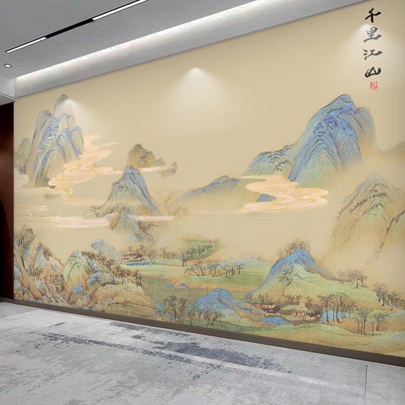 新中式墻布千里江山圖壁紙漢服拍照攝影壁布餐廳飯店茶室背景墻紙 綠水青山進圍誠