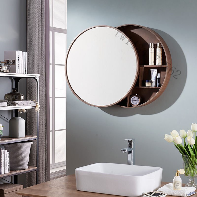 【廠家直銷】免運 北歐浴室鏡櫃壁掛衛生間鏡子帶收納櫃實木圓鏡洗手間梳妝鏡化妝鏡