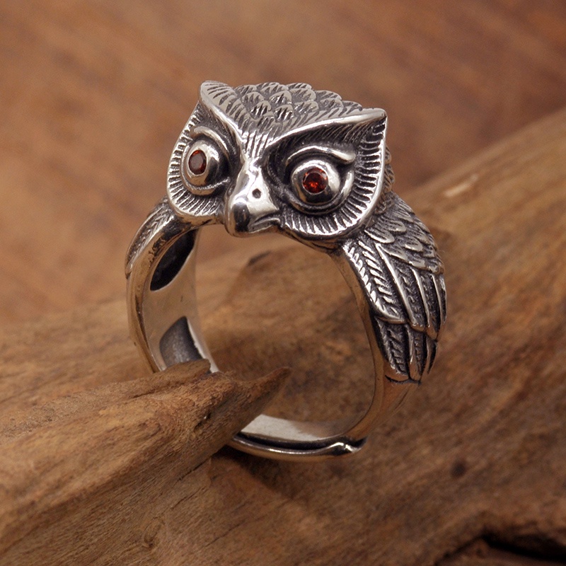 “銀飾925”S925純銀戒指貓頭鷹復古做舊個性小眾設計潮人嘻哈可調節泰銀指環