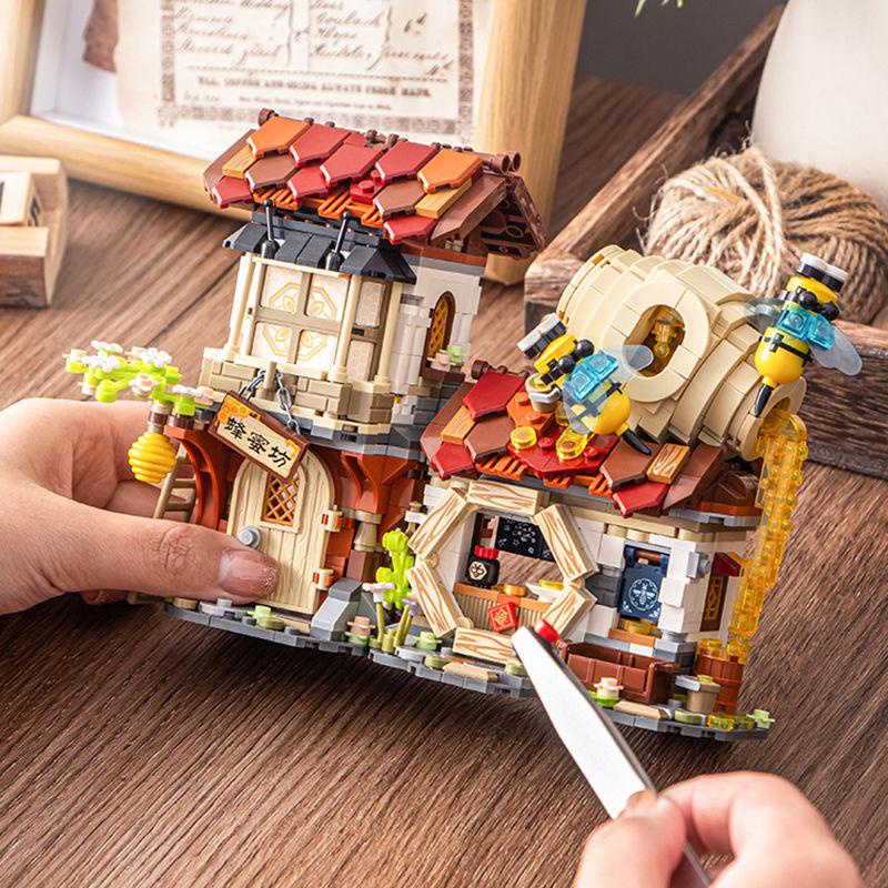 【臺灣：熱賣】LOZ積木蜂蜜坊小顆粒拚裝中華街豬肉鋪街景建築模型益智玩具禮物