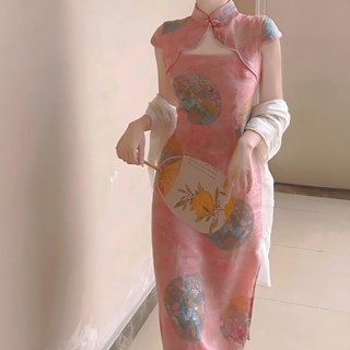 旗袍洋裝 改良式旗袍 改良式旗袍洋裝 度假套裝 度假洋裝 粉色日常旂袍改良版連衣裙少女年輕款時尚複古中式氣質民國中長款