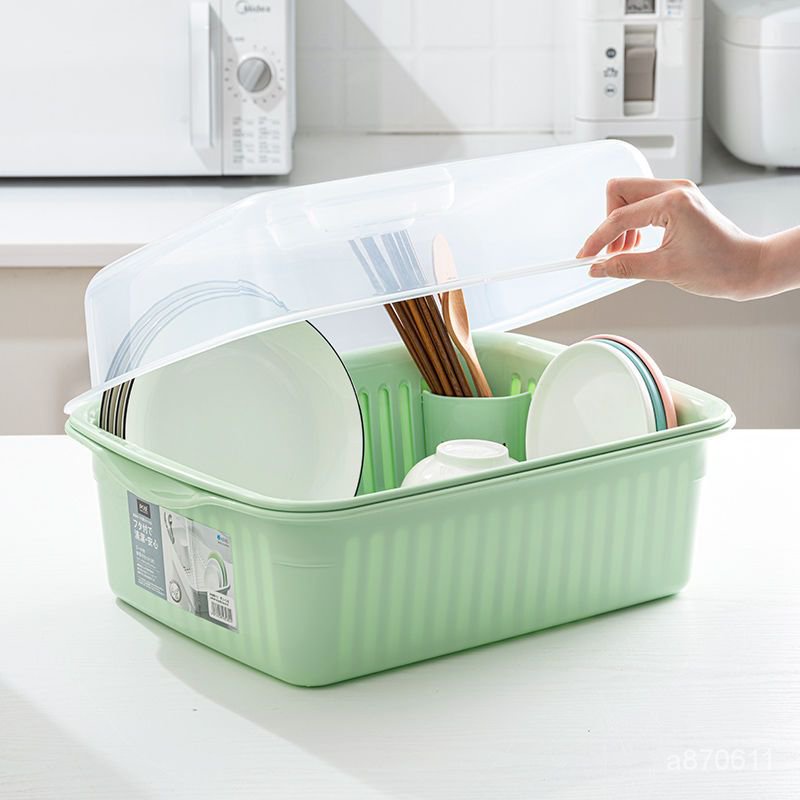 日本進口ASVEL碗筷瀝水收納盒帶蓋廚房置物架子餐具放碗碟收納箱
