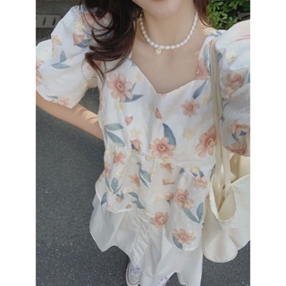 柚子女裝🎊溫柔系甜美碎花法式上衣仙女森系不規則白色半身裙夏季穿搭兩件套