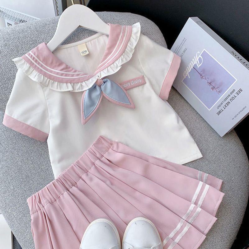 KT精選#女童學院風夏季套裝2022新款兒童JK制服洋氣女孩襯衫網紅裙兩件套