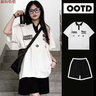 熱銷 單/套裝夏季韓版寬松學生短袖polo上衣+休閑五分運動短褲兩件套潮 休閒套裝 個人套裝 女裝 套裝女 短袖女あ