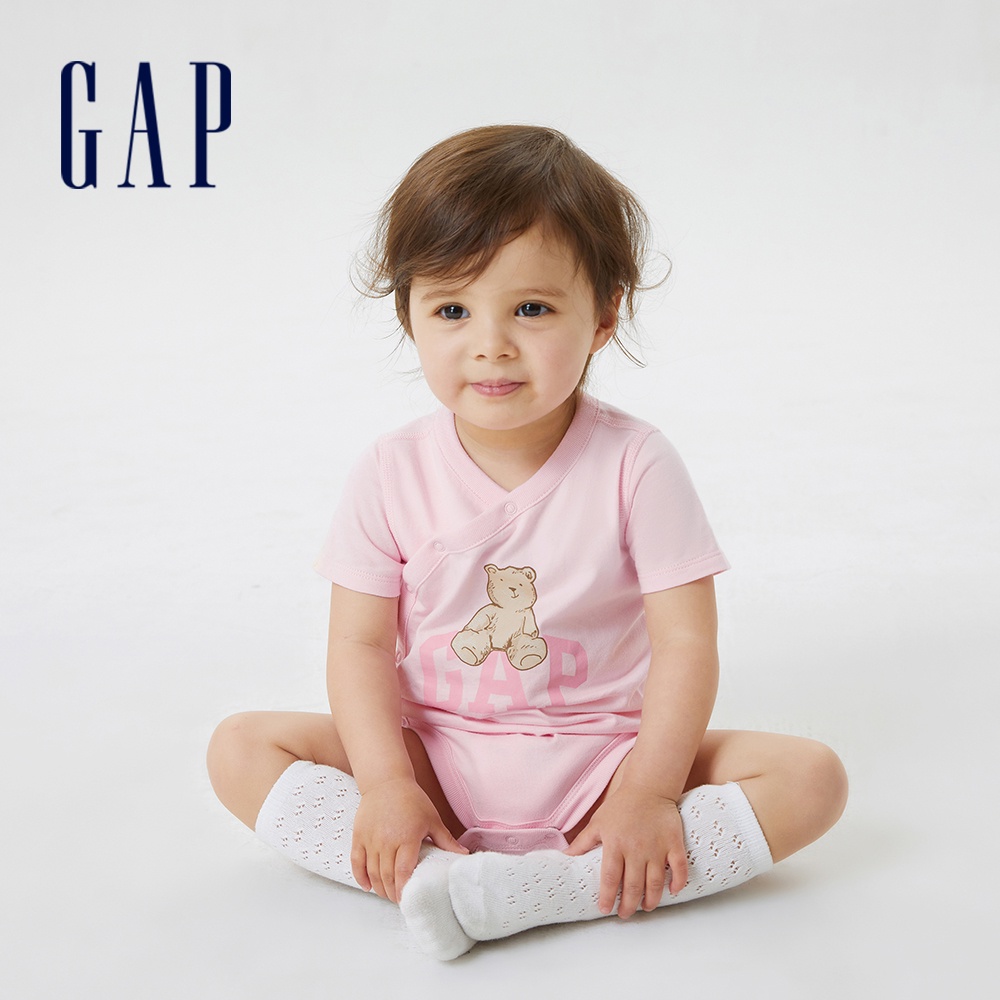 Gap 嬰兒裝 Logo/小熊印花純棉短袖包屁衣-淺粉色(671354)