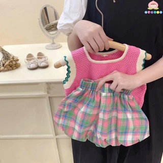 🎏桃氣BABY🍑 女童夏季套裝2023洋氣時髦女寶寶粉色針織背心格紋花苞短褲兩件套