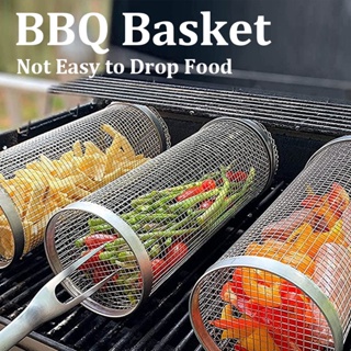 Stainless Steel BBQ Basket Rolling Grilling Basket Wire Mesh