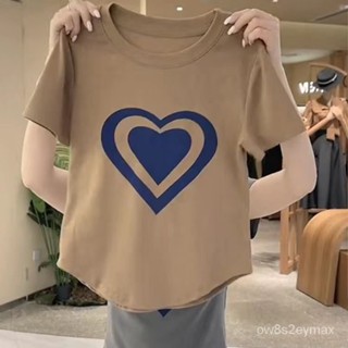 GP實拍 女生韓係衣服 顯瘦上衣 女生衣服 女生上衣 耐看服飾【純棉】卡其色短袖T恤女夏季2023年心形圖案寬鬆設計感
