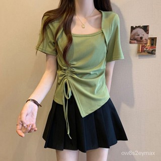 GP實拍 女裝 寬鬆上衣女 女生上衣 短袖上衣 韓國短袖上衣不規則設計方領短袖T恤女夏裝新款胖妹妹大碼抽繩折褶百搭上衣