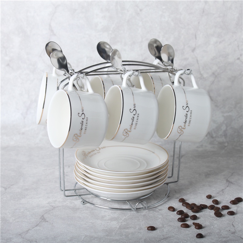 歐式陶瓷杯咖啡杯套裝 創意簡約家用骨瓷咖啡杯子 送碟勺架子 創意陶瓷杯 家用咖啡杯