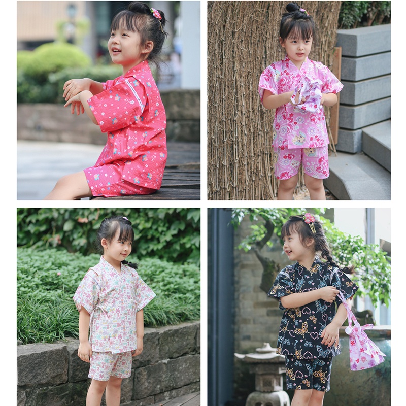 日本女童純棉短袖甚平和服浴衣套裝兒童日式家居服汗蒸睡衣櫻花