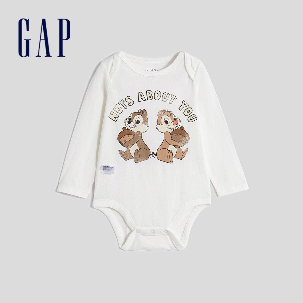 Gap 嬰兒裝 Gap x Disney迪士尼聯名 純棉印花圓領長袖包屁衣-白色(797414)