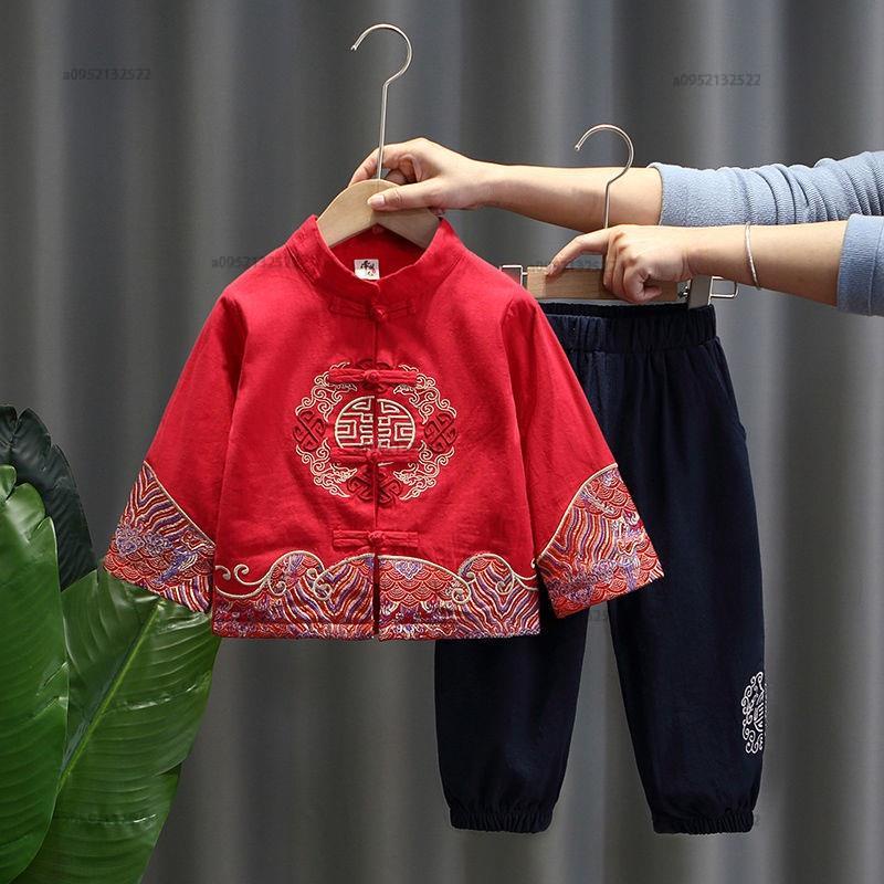 男童漢服春秋中國風古著復古兒童唐裝套裝週歲禮服男寶寶抓周衣服