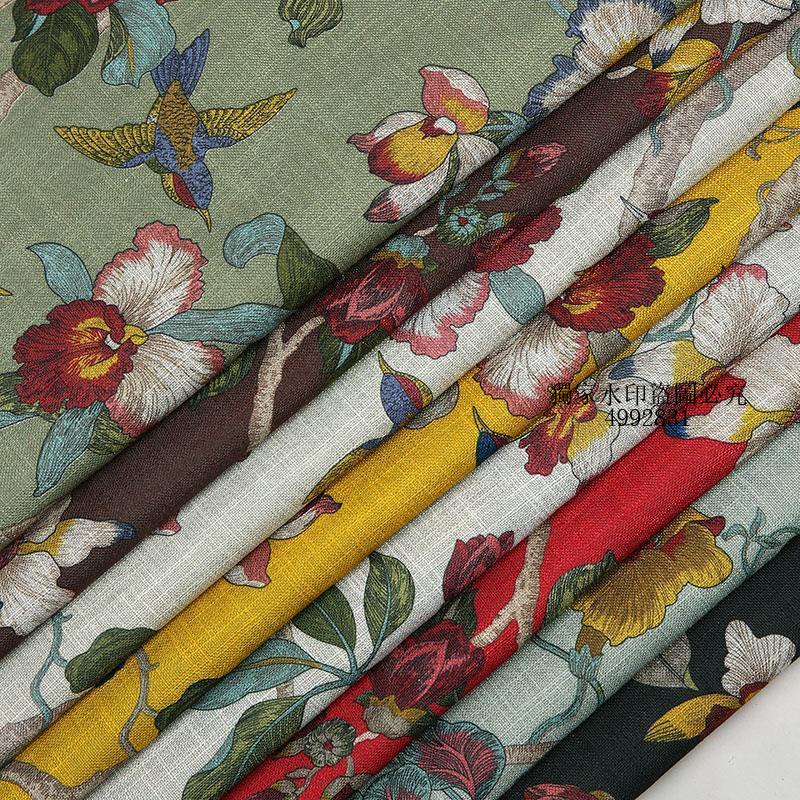 皮皮 沙發布料批發布頭 中式古典花鳥印花棉麻亞麻抱枕沙發套布料加厚