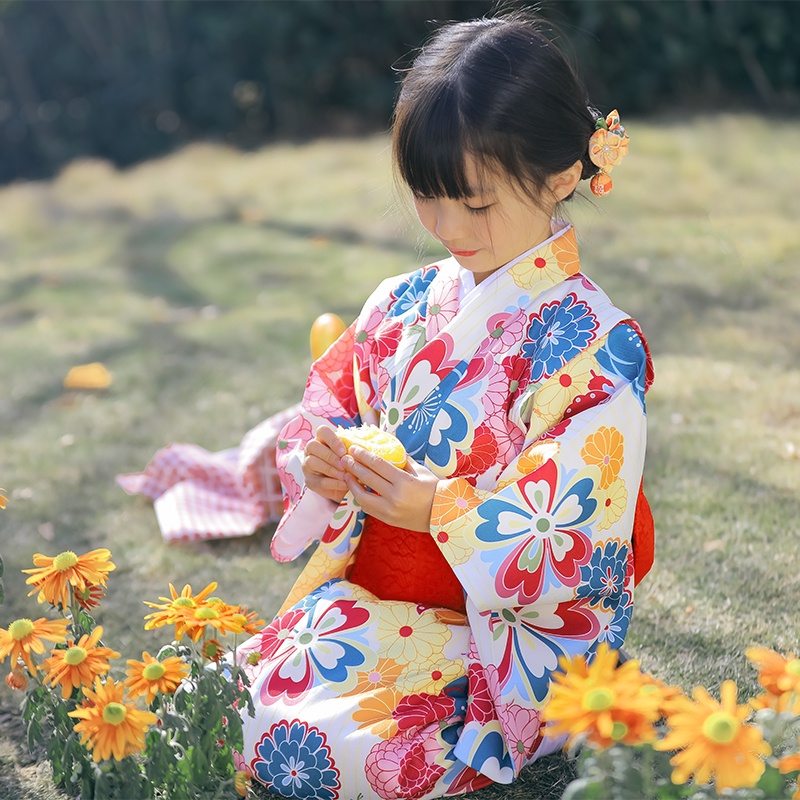 桔子點點日本兒童和服日式浴衣女童連衣裙演出服攝影道具 小團菊