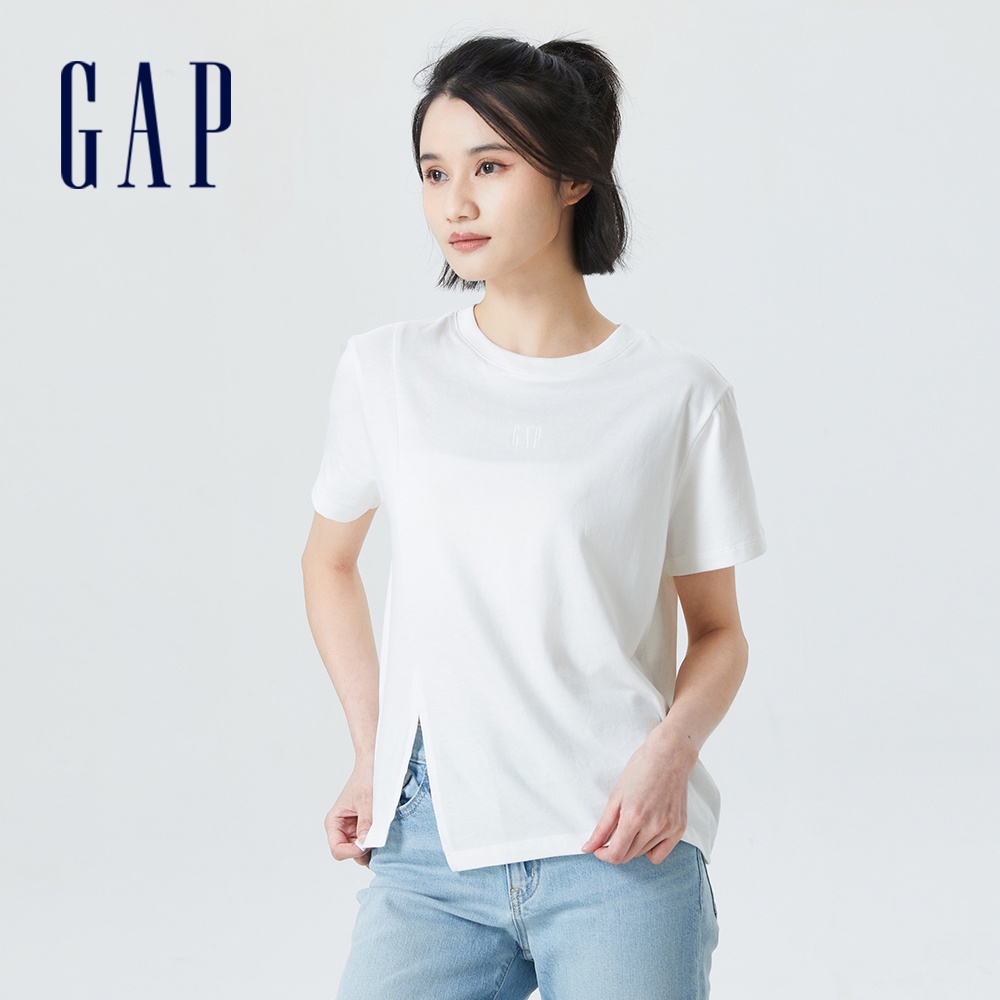 Gap 女裝 Logo純棉開衩下擺短袖T恤-白色(842015)