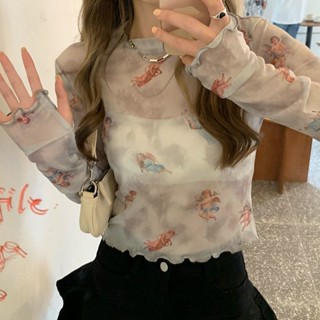 網紗 疊穿 打底衫💕 夏季街頭嘻哈薄款長袖T恤女圓領修身上衣網紗防曬衣內搭空調衫潮 女生上衣 內搭