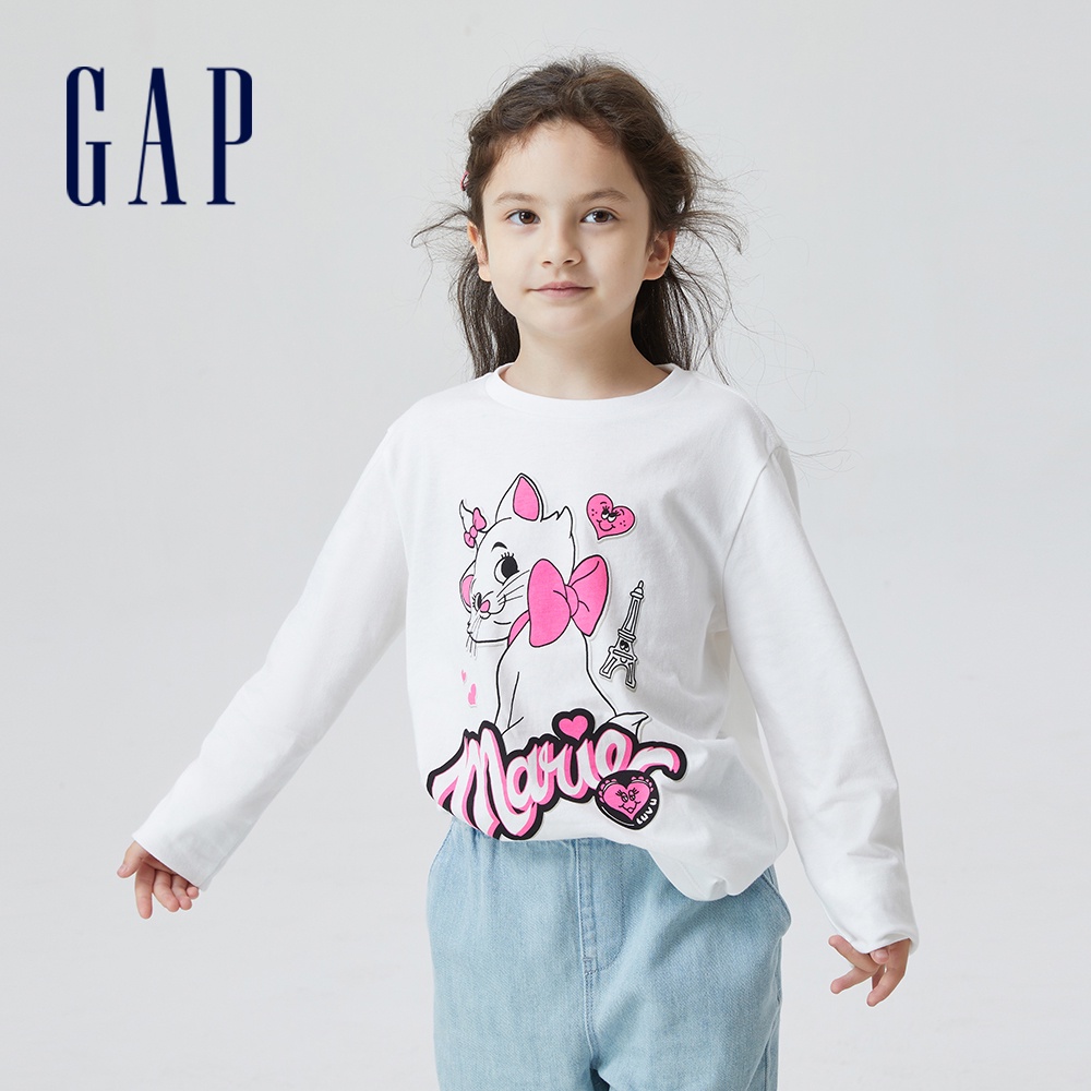 Gap 女童裝 Gap x 瑪麗貓聯名 印花圓領長袖T恤-白色(766053)