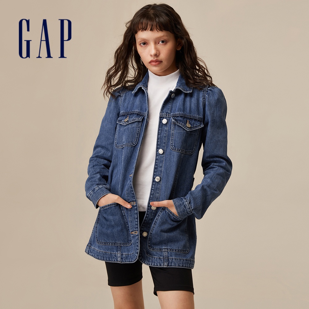 Gap 女裝 泡泡袖修身牛仔外套-深藍色(754472)