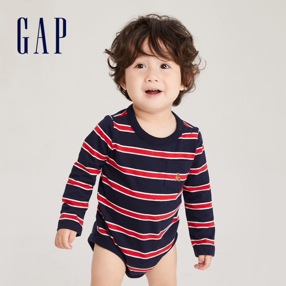 Gap 嬰兒裝 純棉小熊刺繡長袖包屁衣-紅黑條紋(787442)