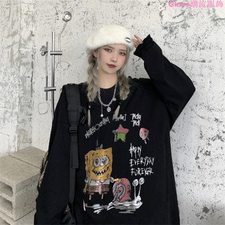 🌷臺灣出貨🌷海綿寶寶趣味印花長袖T恤女潮牌ins高街寬松百搭學生上衣打底體恤寬鬆 韓版 長版上衣女 秋季薄款上衣
