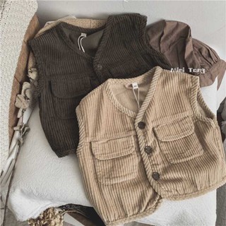 百搭衣服 復古範兒~時髦款兒童口袋燈芯絨馬甲春秋季男女百搭單排扣小坎肩 兒童衣服