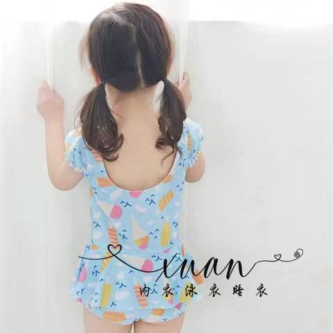 Xuan♥ 女寶寶泳衣連體平角底褲大童短袖泳衣兒童女孩圓領洋氣小童游泳衣