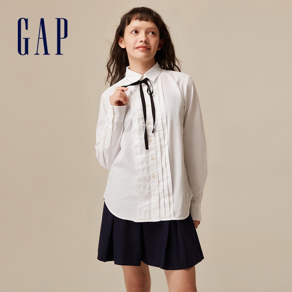 Gap 女裝 純棉翻領長袖襯衫-白色(742544)