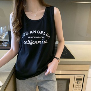 寬鬆 t恤 吊帶上衣 細肩帶 平口吊帶背心 背心女生 純棉黑色吊帶背心女夏季新款寬松外穿字母印花內搭顯瘦運動無袖