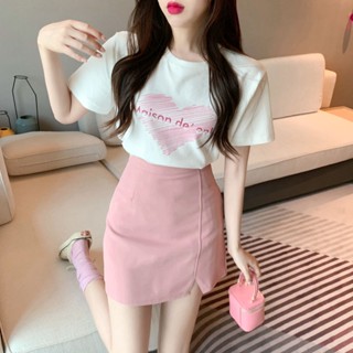 BAH 🌈時尚套裝 愛心字母印花短袖T恤+糖果色 開叉 高腰半身裙 甜美清新減齡 寬鬆圓領純棉T半身短裙 兩件套