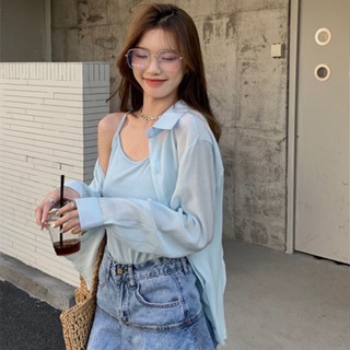 小個子長袖微透後開叉設計夏季防曬衫外套女寬松感長袖休閑薄款襯衫甜美清新日系風格鏤空露背紐扣POLO領中長