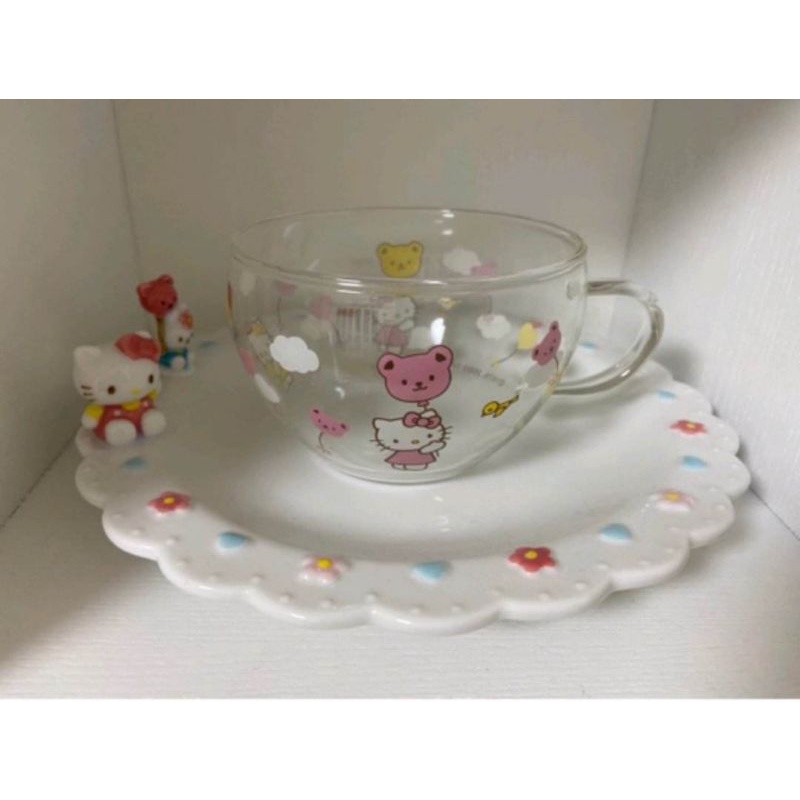 日本製hello kitty小熊氣球兔子好朋友立體浮雕可愛咖啡杯盤組玻璃杯 精緻收藏品