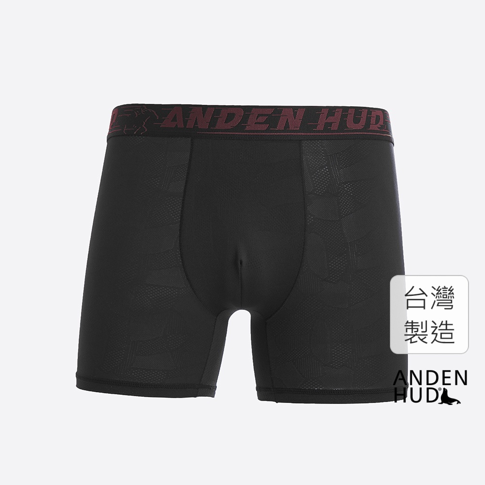 【Anden Hud】男款_吸濕排汗機能系列．緹花長版平口內褲(黑-暗紅字緊帶) 台灣製