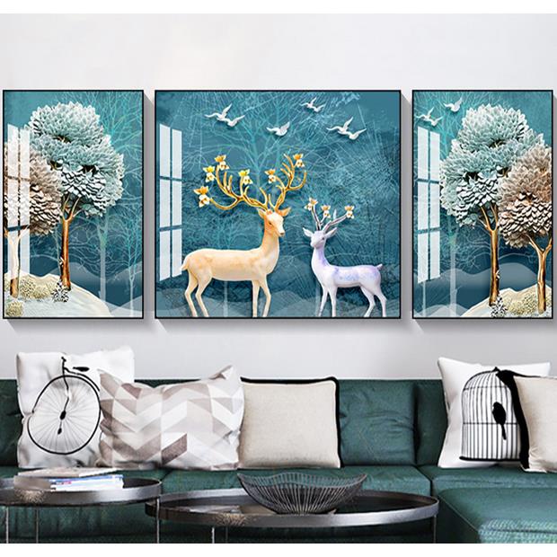 居家裝飾畫 招財 開運 壁畫 版畫北歐新中式輕奢麋鹿動物圖案客廳沙發裝飾現代簡約有框三聯壁畫