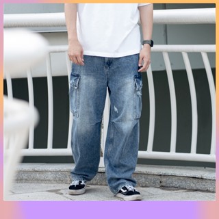 【CLAN】破壞洗水工裝牛仔褲 復古 水洗 工裝 大口袋 日系 做舊 闊腿褲 丹寧 牛仔寬褲 日系牛仔褲 中性百搭