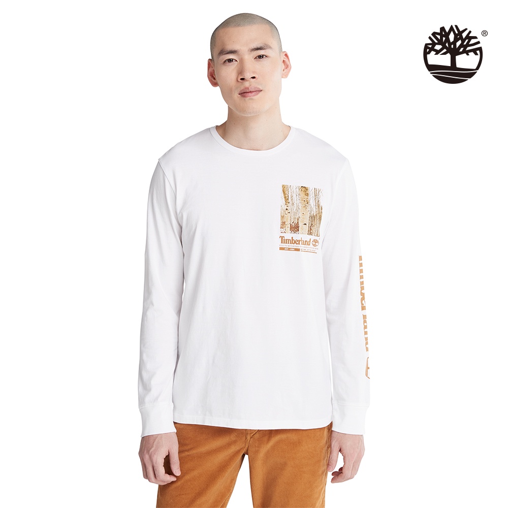 Timberland 男款白色有機棉冬季相片圖案長袖T恤|A5Z8W100
