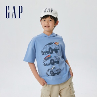 Gap 男童裝 Logo寬鬆短袖帽T 厚磅密織水洗棉系列-湖藍色(602148)