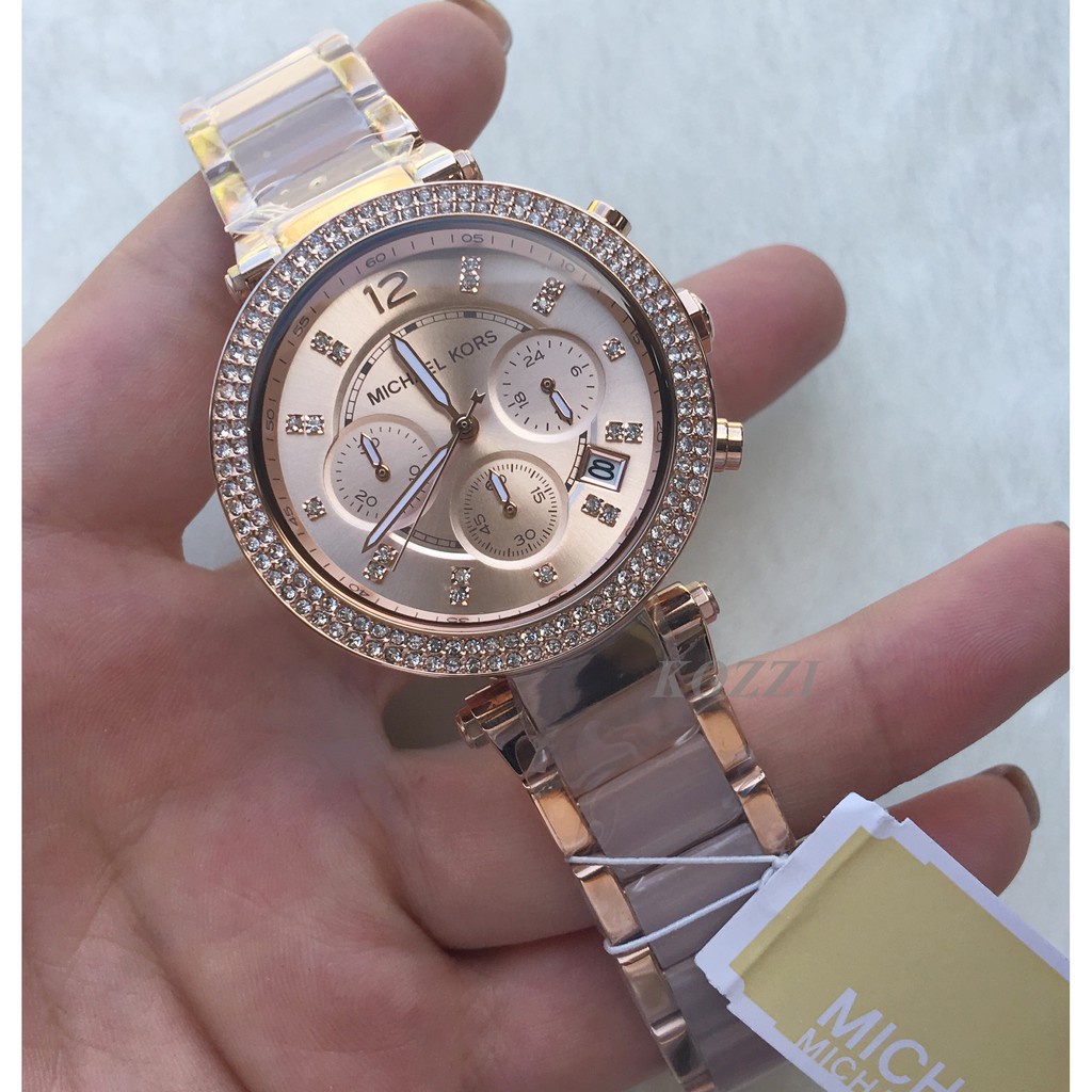 凯丽二手-Michael Kors MK5896 MK6110 玫瑰金 水鑽 粉色錶盤 三眼計時手錶