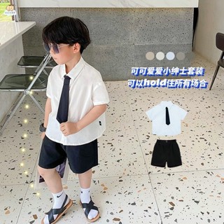 男孩套裝 夏季短袖套裝 帥氣 男童短袖襯衣兩件套兒童白色襯衫純棉套裝夏季寶寶黑色褲子學院風